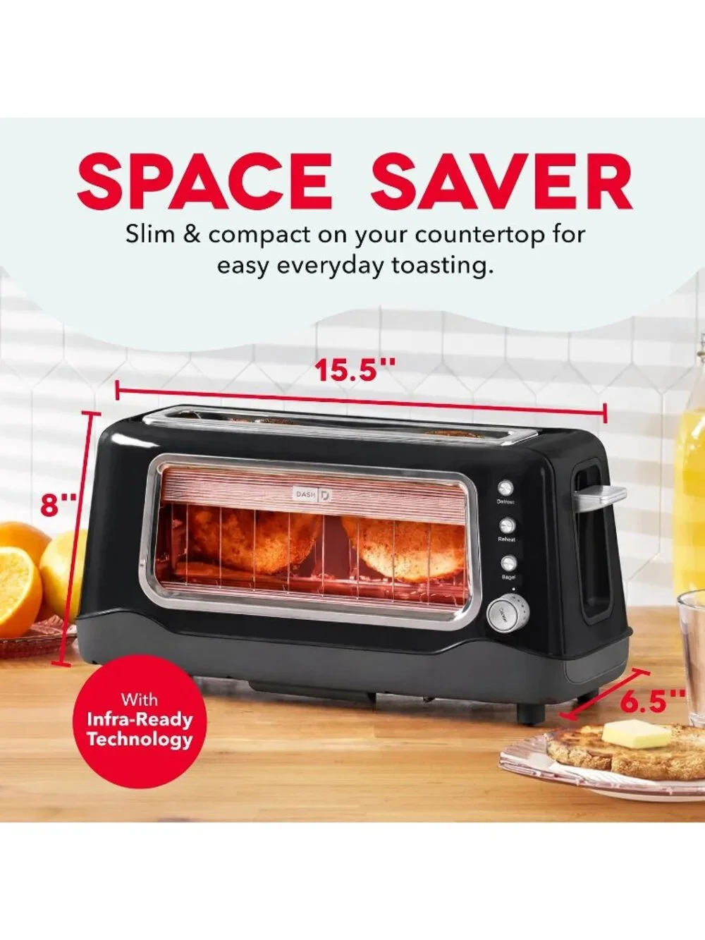 Black Clear View Extra Wide Slot with See Through Window Reheat Baked Toaster